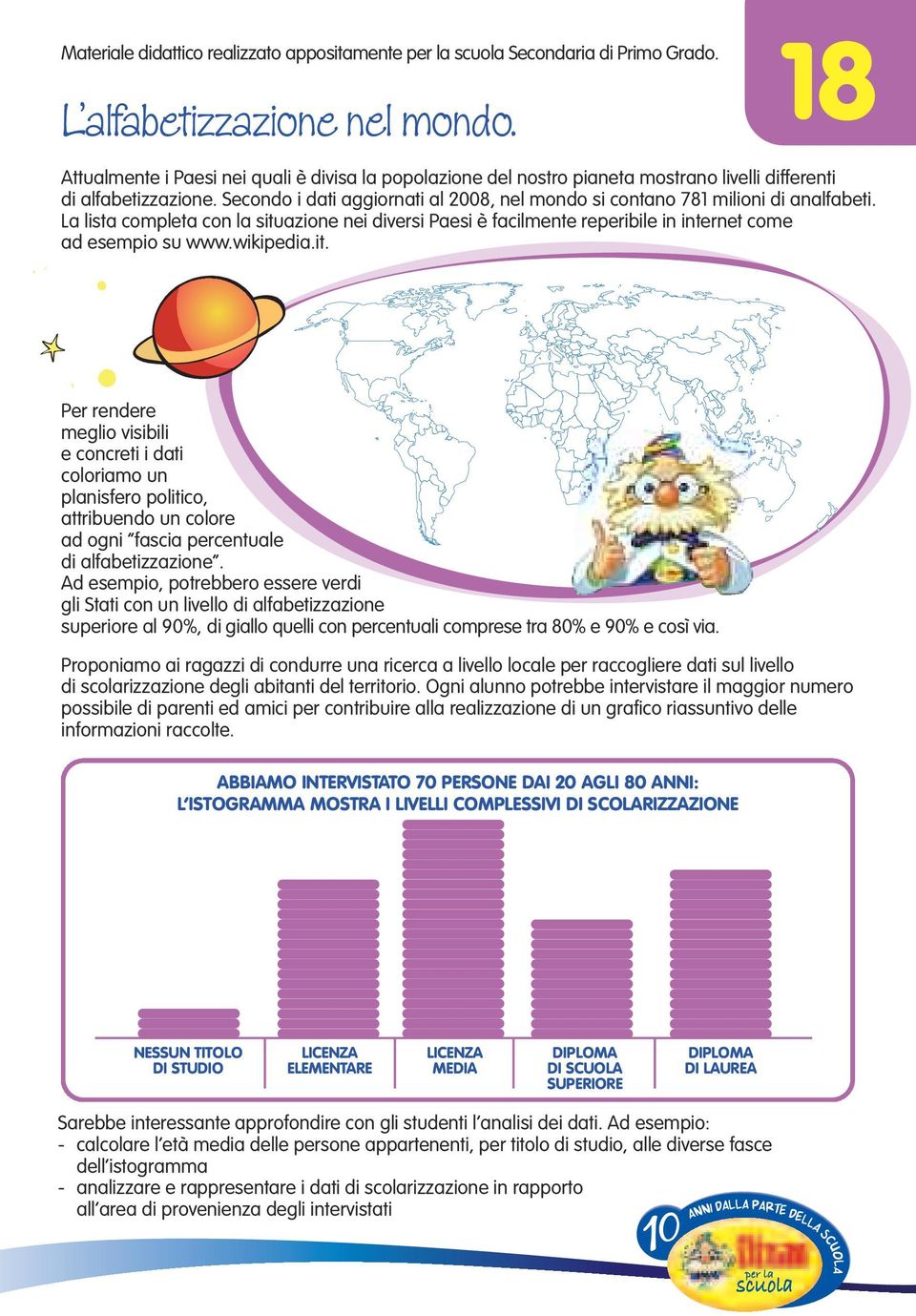 wikipedia.it. Per rendere meglio visibili e concreti i dati coloriamo un planisfero politico, attribuendo un colore ad ogni fascia percentuale di alfabetizzazione.