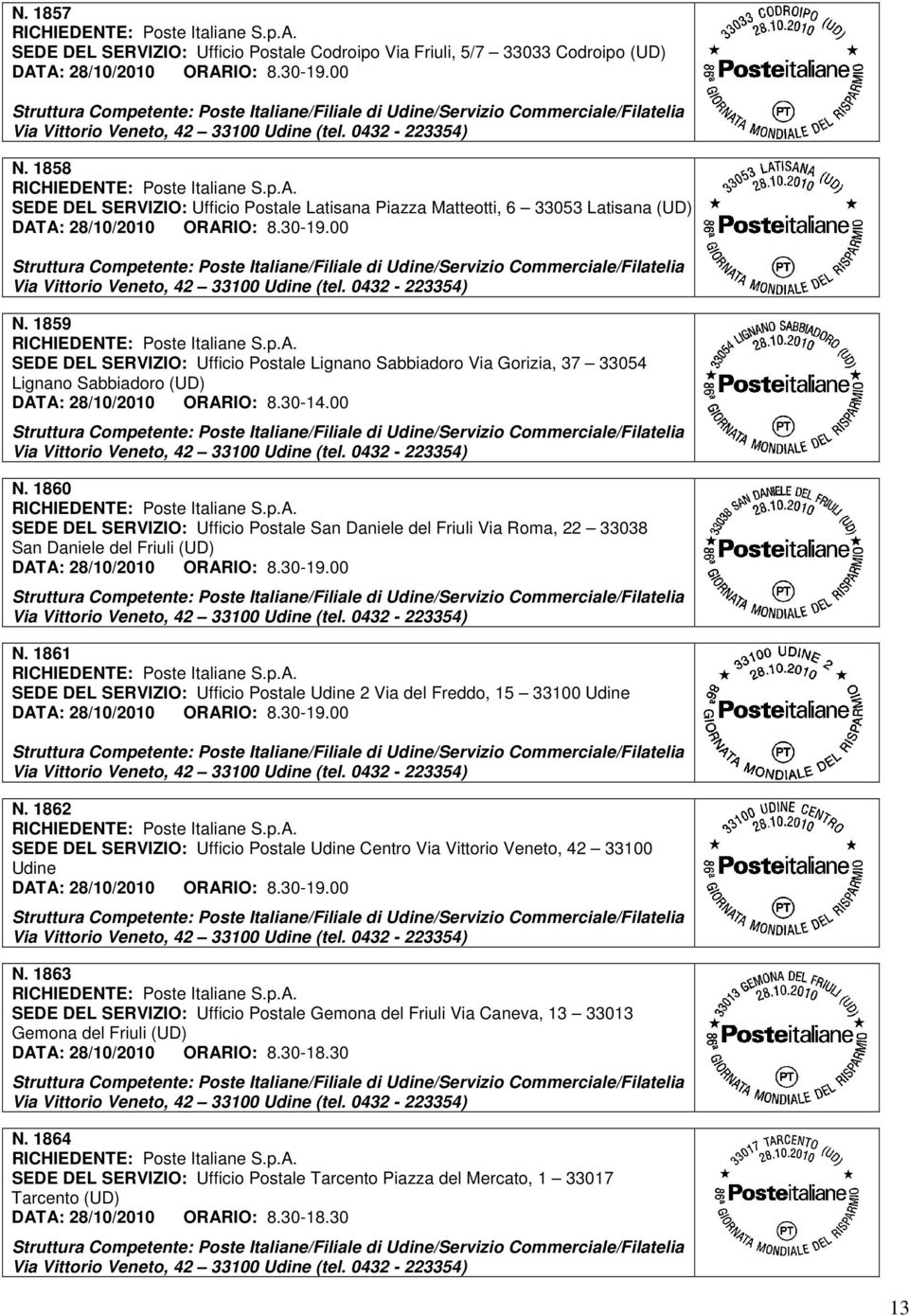 1859 SEDE DEL SERVIZIO: Ufficio Postale Lignano Sabbiadoro Via Gorizia, 37 33054 Lignano Sabbiadoro (UD) N.