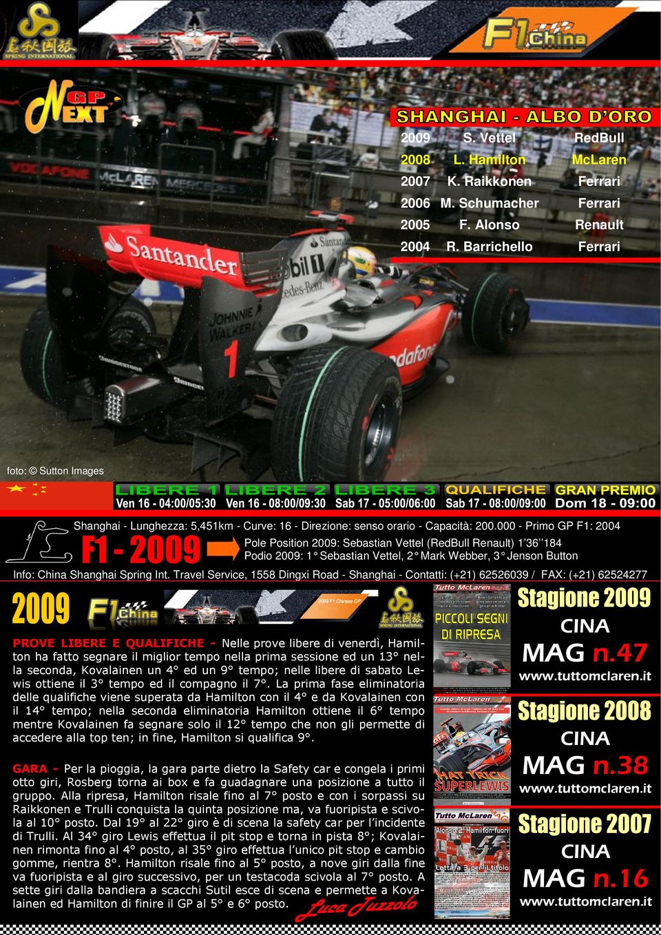 000 - Primo GP F1: 2004 Pole Position 2009: Sebastian Vettel (RedBull Renault) 1 36 184 Podio 2009: 1 Sebastian Vettel, 2 Mark Webber, 3 Jenson Button Info: China Shanghai Spring Int.