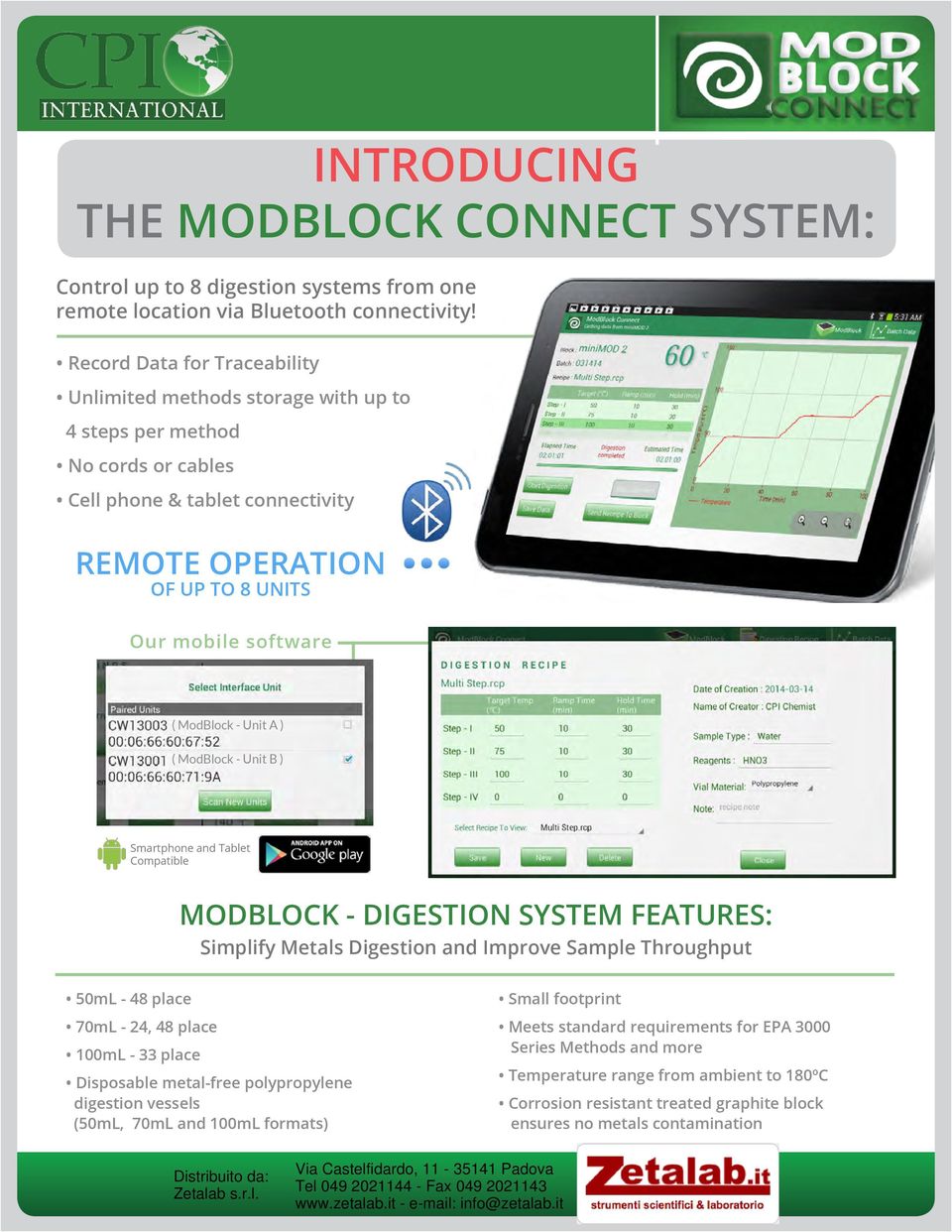 ModBlock - Unit A ) ( ModBlock - Unit B ) Smartphone and Tablet Compatible MODBLOCK - DIGESTION SYSTEM FEATURES: Simplify Metals Digestion and Improve Sample Throughput 50mL - 48 place 70mL - 24, 48