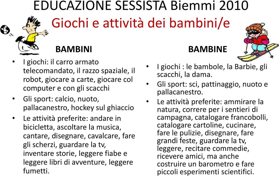 inventare storie, leggere fiabe e leggere libri di avventure, leggere fumetti. BAMBINE I giochi : le bambole, la Barbie, gli scacchi, la dama. Gli sport: sci, pattinaggio, nuoto e pallacanestro.