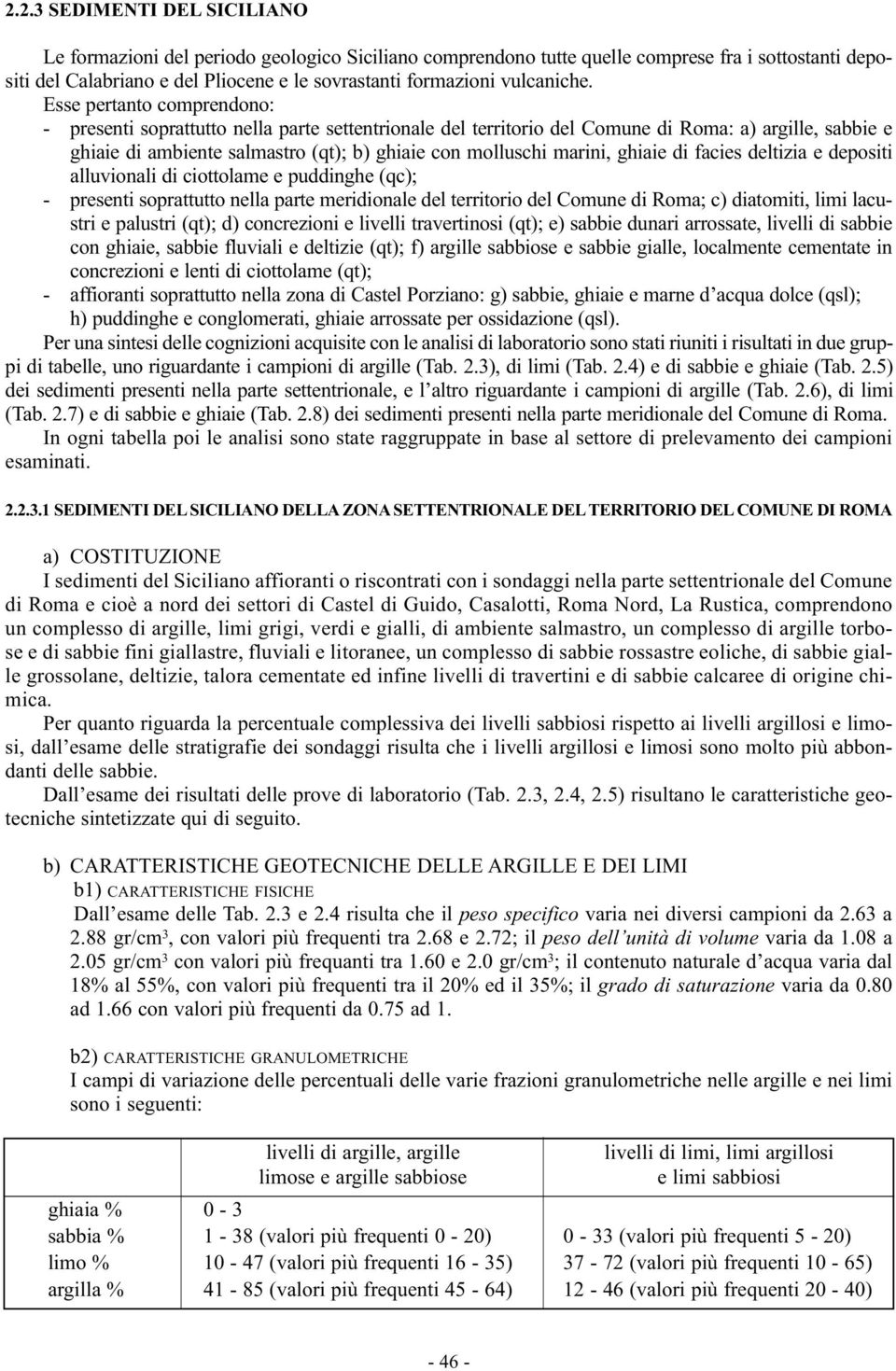 Esse pertanto comprendono: - presenti soprattutto nella parte settentrionale del territorio del Comune di Roma: a) argille, sabbie e ghiaie di ambiente salmastro (qt); b) ghiaie con molluschi marini,