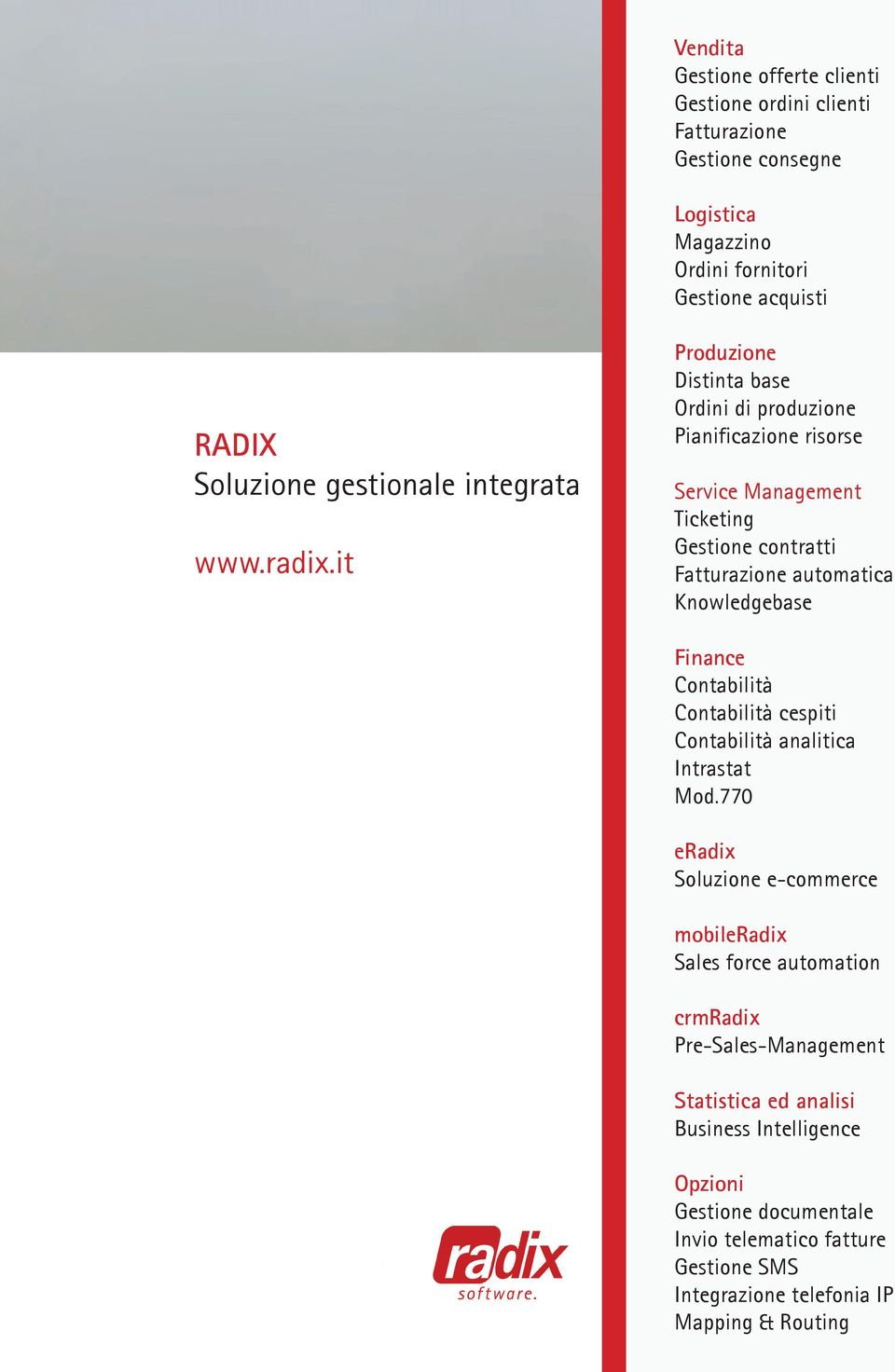 it Produzione Distinta base Ordini di produzione Pianificazione risorse Service Management Ticketing Gestione contratti Fatturazione automatica Knowledgebase Finance