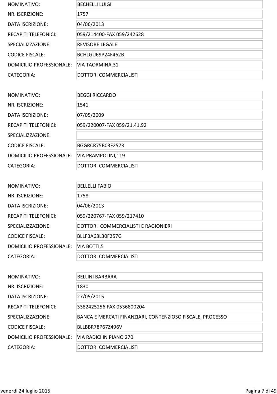 ISCRIZIONE: 1541 DATA ISCRIZIONE: 07/05/2009 RECAPITI TELEFONICI: 059/220007-FAX 059/21.41.92 BGGRCR75B03F257R VIA PRAMPOLINI,119 NOMINATIVO: BELLELLI FABIO NR.