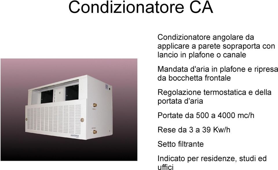 frontale Regolazione termostatica e della portata d'aria Portate da 500 a 4000