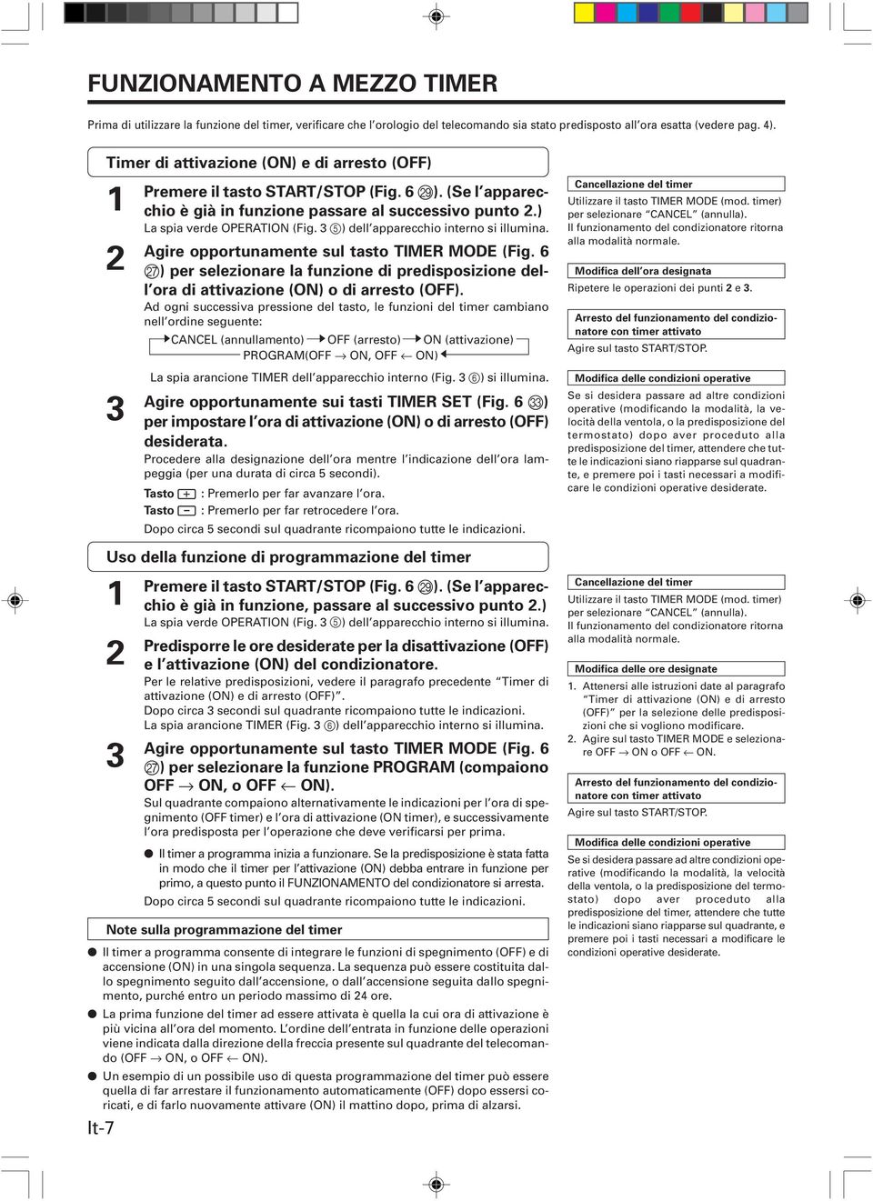 3 5) dell apparecchio interno si illumina. Agire opportunamente sul tasto TIMER MODE (Fig. 6 Q) per selezionare la funzione di predisposizione dell ora di attivazione (ON) o di arresto (OFF).