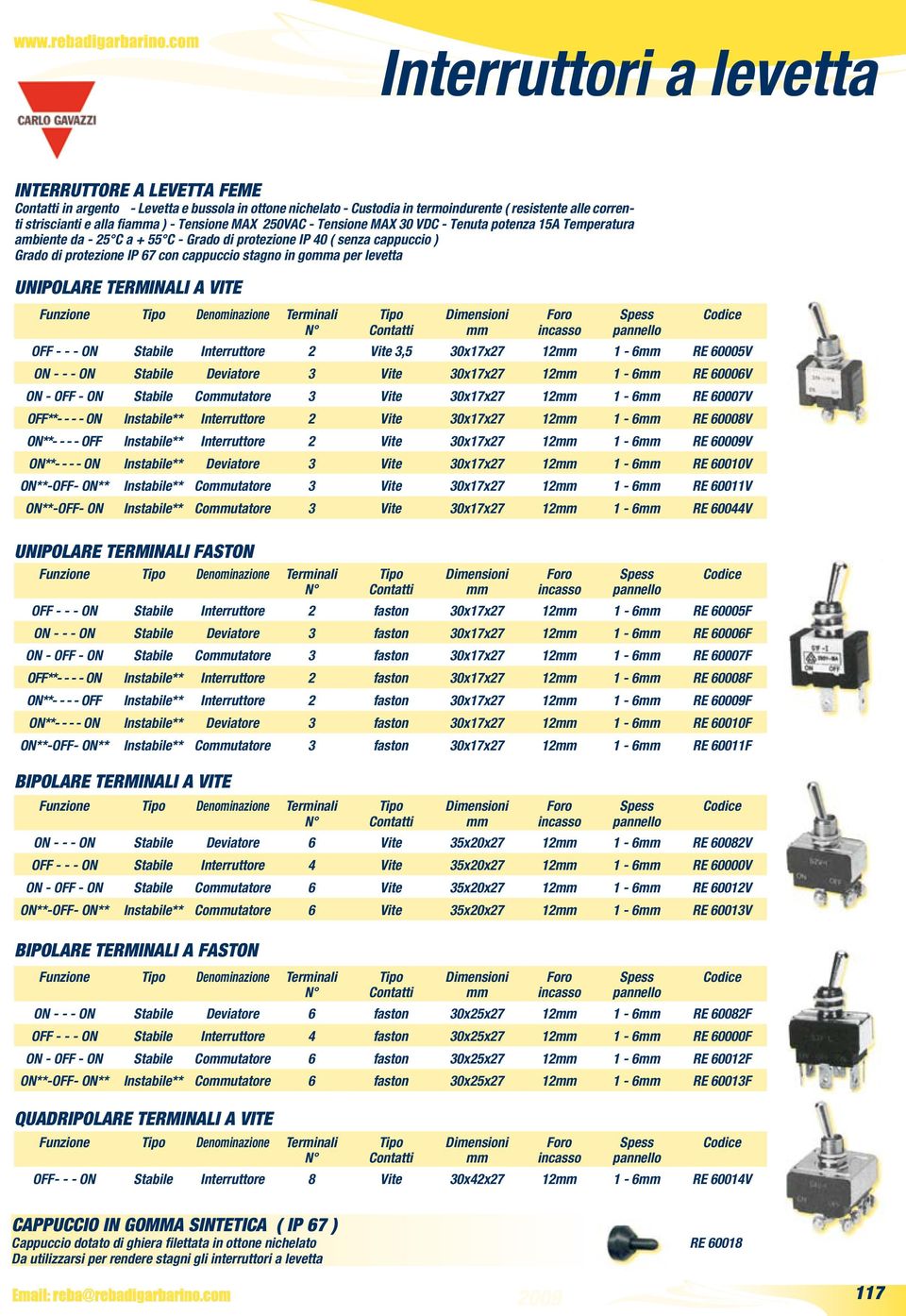 vite Funzione Tipo Denominazione Terminali Tipo Spess OFF - - - ON Stabile Interruttore 2 ite 3,5 30x17x27 12 1-6 RE 60005 ON - - - ON Stabile Deviatore 3 ite 30x17x27 12 1-6 RE 60006 ON - OFF - ON