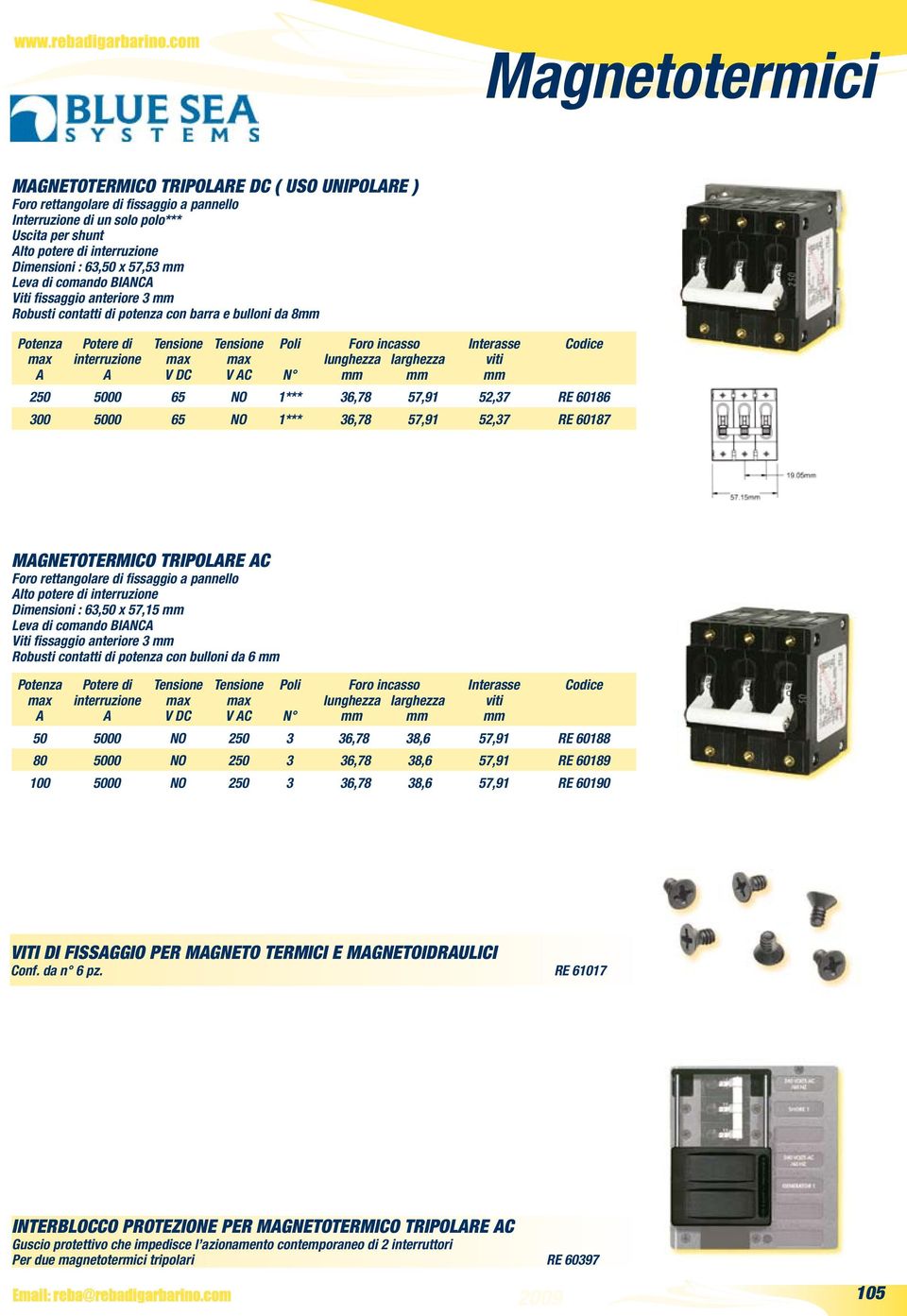 65 NO 1*** 36,78 57,91 52,37 RE 60187 MGNETOTERMICO TRIPOLRE C rettangolare di fissaggio a lto potere di interruzione : 63,50 x 57,15 Leva di comando BINC iti fissaggio anteriore 3 Robusti contatti