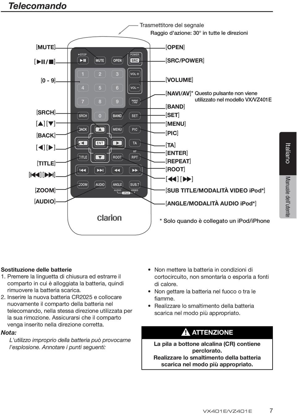 collegato un ipod/iphone EnglishItaliano Manuale dell utente Sostituzione delle batterie 1.