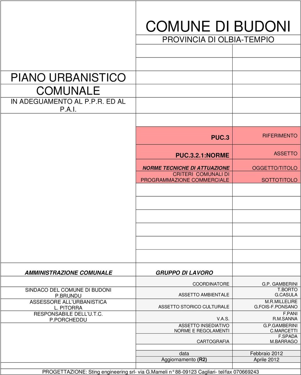 DEL COMUNE DI BUDONI P.BRUNDU ASSETTO AMBIENTALE ASSESSORE ALL URBANISTICA L. PITORRA ASSETTO STORICO CULTURALE RESPONSABILE DELL U.T.C. P.PORCHEDDU V.A.S. ASSETTO INSEDIATIVO NORME E REGOLAMENTI CARTOGRAFIA G.