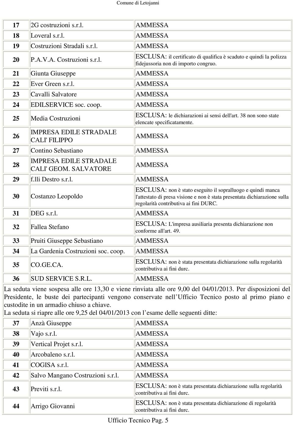 ESCLUSA: le dichiarazioni ai sensi dell'art. 38 non sono state elencate specificatamente. AMMESSA 27 Contino Sebastiano AMMESSA 28 IMPRESA EDILE STRADALE CALI' GEOM. SALVATORE AMMESSA 29 f.