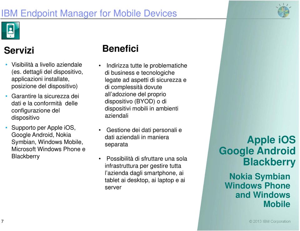 Android, Nokia Symbian, Windows Mobile, Microsoft Windows Phone e Blackberry Benefici Indirizza tutte le problematiche di business e tecnologiche legate ad aspetti di sicurezza e di complessità