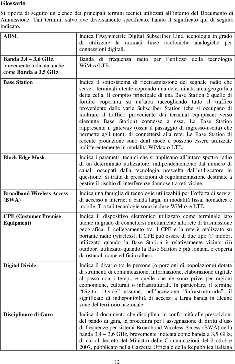 ADSL Banda 3,4 3,6 GHz, brevemente indicata anche come Banda a 3,5 GHz Base Station Block Edge Mask Broadband Wireless Access (BWA) CPE (Customer Premise Equipment) Digital Divide Disciplinare di