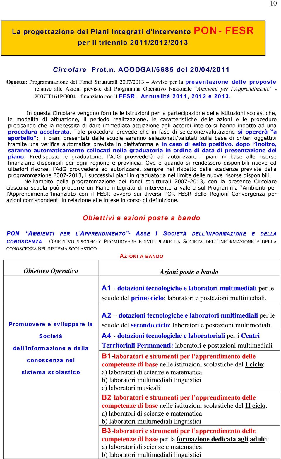 Integrati d Intervento PON- FESR per il triennio 2011/2012/2013 Circolare Prot.n. AOODGAI/5685 del 20/04/2011 Oggetto: Programmazione dei Fondi Strutturali 2007/2013 Avviso per la presentazione delle