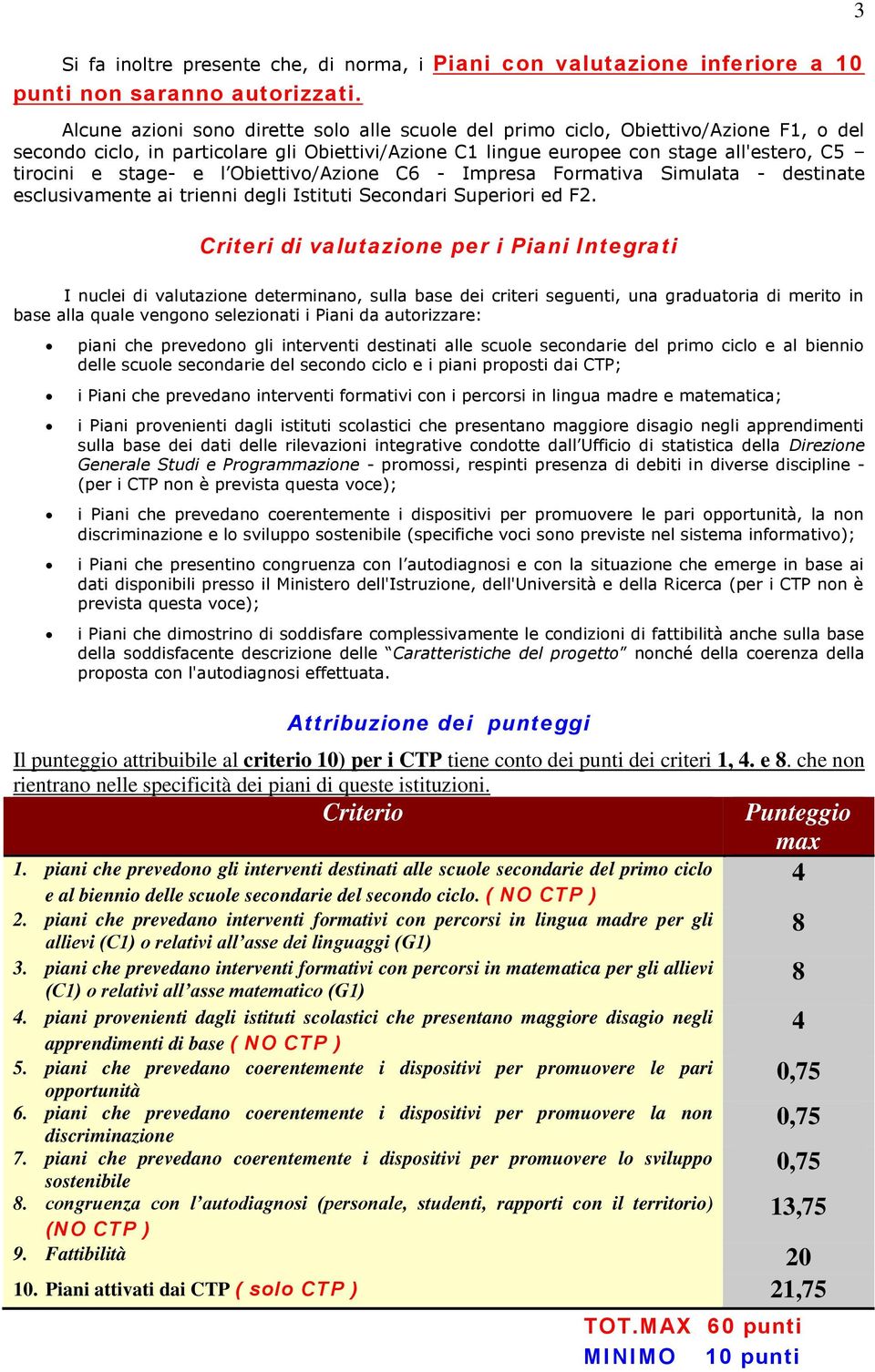 che non rientrano nelle specificità dei piani di queste istituzioni. Criterio Punteggio 1.