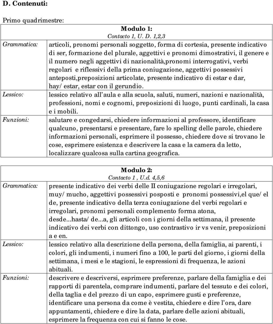 di nazionalità,pronomi interrogativi, verbi regolari e riflessivi della prima coniugazione, aggettivi possessivi anteposti,preposizioni articolate, presente indicativo di estar e dar, hay/estar,