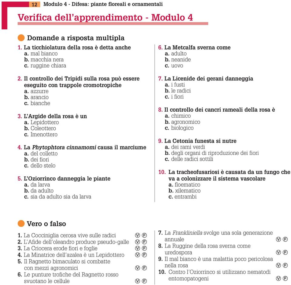 Imenottero 4. La Phytophtora cinnamomi causa il marciume a. del colletto b. dei fiori c. dello stelo 5. L Oziorrinco danneggia le piante a. da larva b. da adulto c. sia da adulto sia da larva 6.