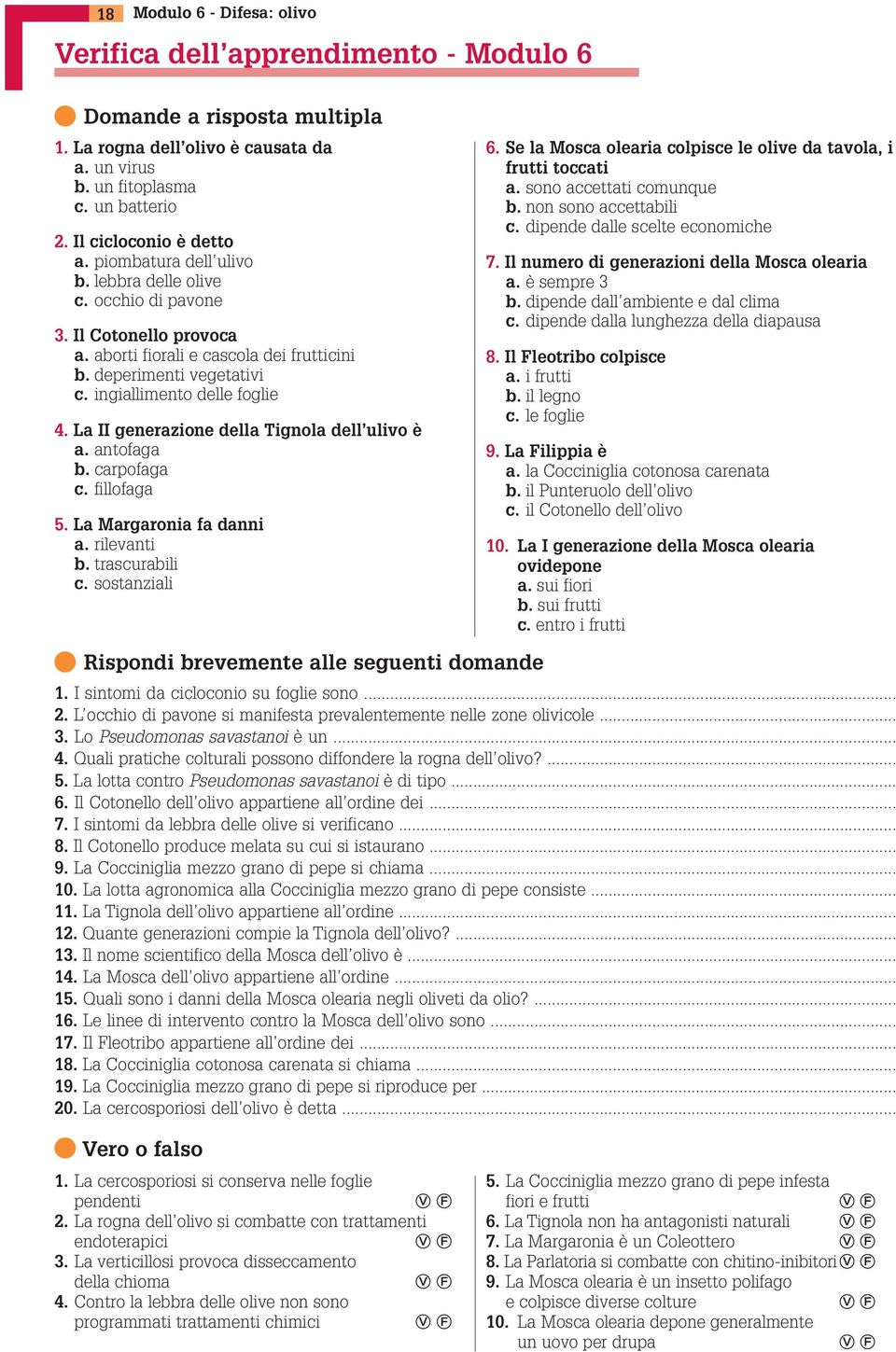 ingiallimento delle foglie 4. La II generazione della Tignola dell ulivo è a. antofaga b. carpofaga c. fillofaga 5. La Margaronia fa danni a. rilevanti b. trascurabili c. sostanziali 6.