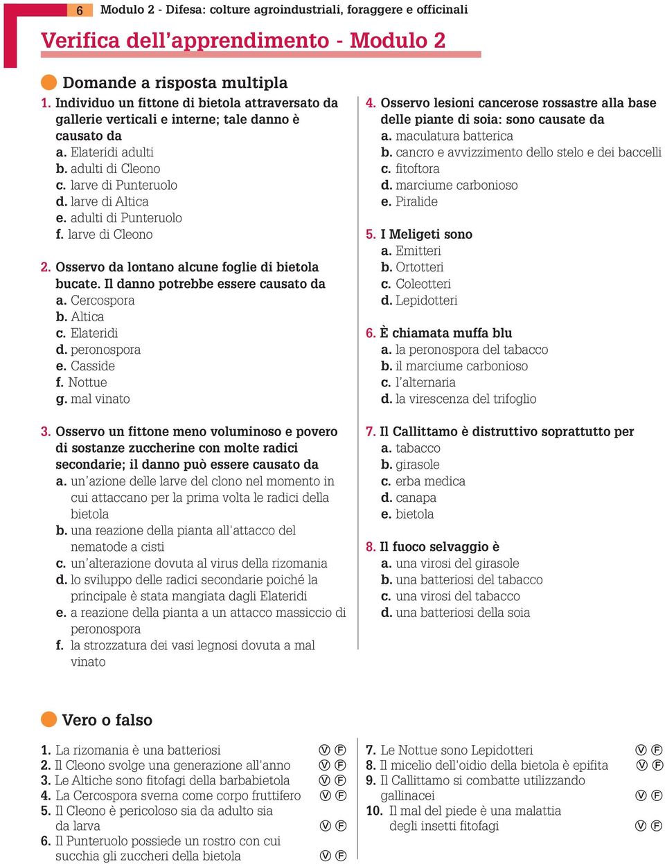 adulti di Punteruolo f. larve di Cleono 2. Osservo da lontano alcune foglie di bietola bucate. Il danno potrebbe essere causato da a. Cercospora b. Altica c. Elateridi d. peronospora e. Casside f.