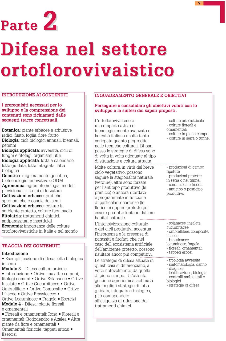 Botanica: piante erbacee e arbustive, radici, fusto, foglia, fiore, frutto Biologia: cicli biologici annuali, biennali, perenni Biologia applicata: avversità, cicli di funghi e fitofagi, organismi