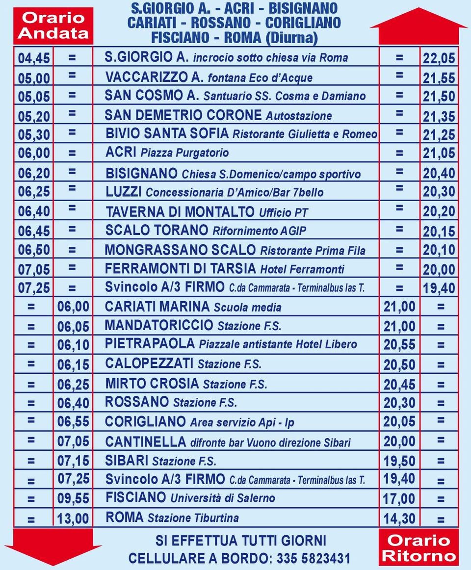 Domenico/campo sportivo LUZZI Concessionaria D Amico/Bar 7bello TAVERNA DI MONTALTO Ufficio PT SCALO TORANO Rifornimento AGIP MONGRASSANO SCALO Ristorante Prima Fila FERRAMONTI DI TARSIA Hotel