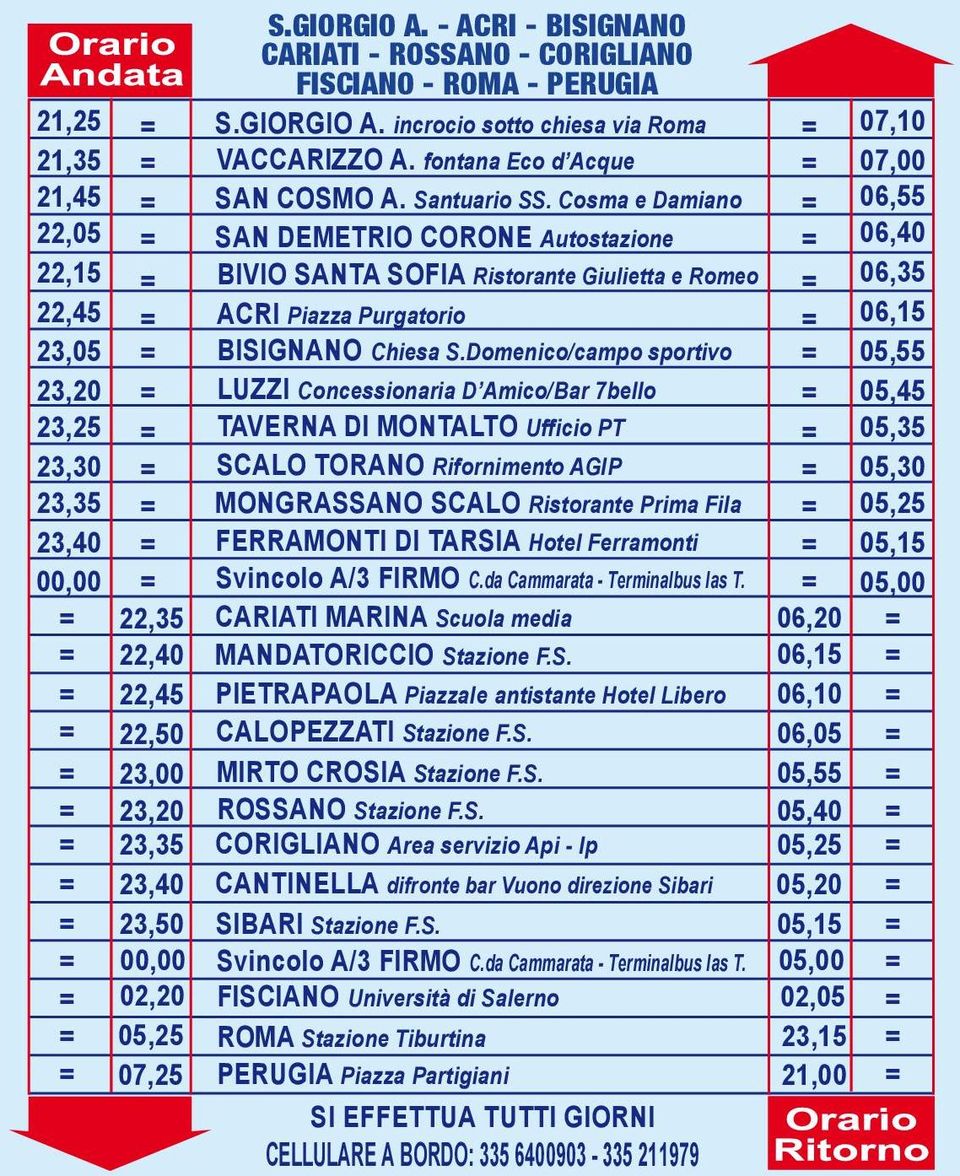 Domenico/campo sportivo LUZZI Concessionaria D Amico/Bar 7bello TAVERNA DI MONTALTO Ufficio PT SCALO TORANO Rifornimento AGIP MONGRASSANO SCALO Ristorante Prima Fila FERRAMONTI DI TARSIA Hotel