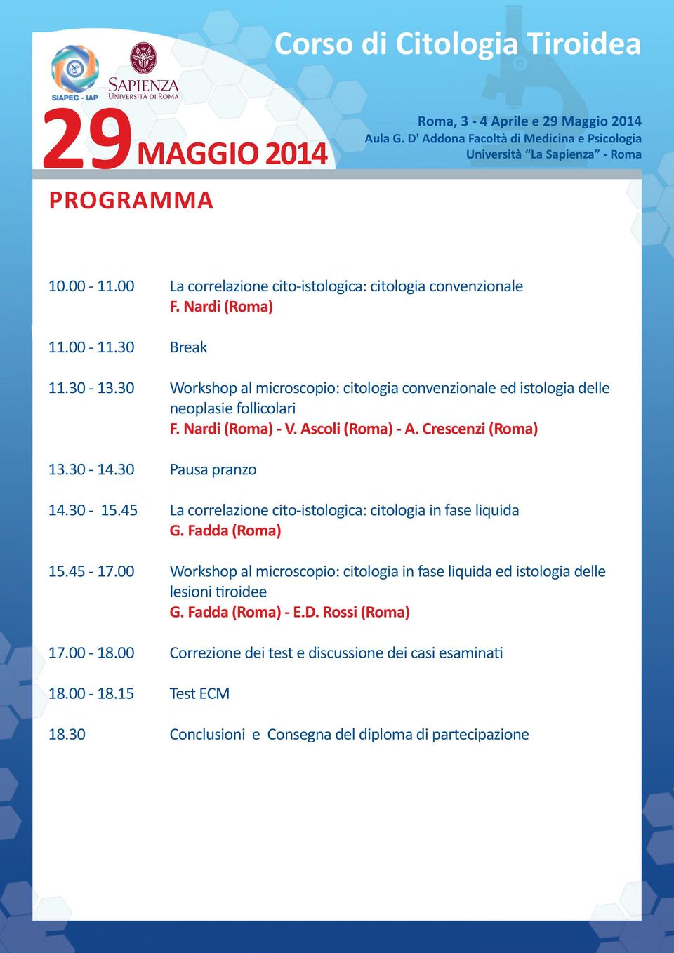 30 Pausa pranzo 14.30-15.45 La correlazione cito-istologica: citologia in fase liquida 15.45-17.