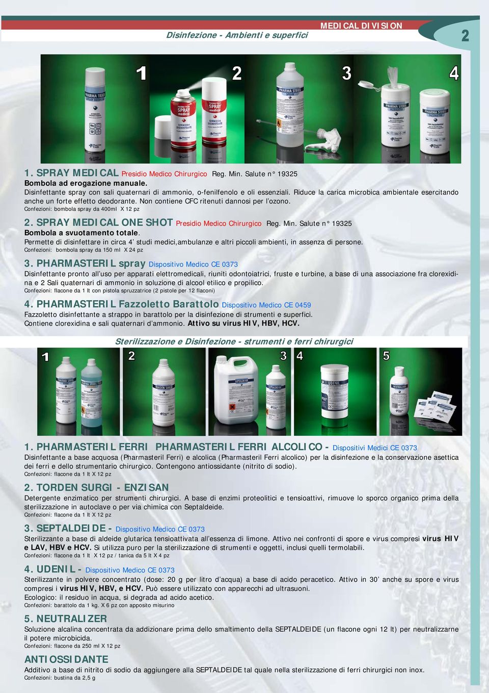 Non contiene CFC ritenuti dannosi per l ozono. Confezioni: bombola spray da 400ml X 12 pz 2. SPRAY MEDICAL ONE SHOT Reg. Min. Salute n 19325 Bombola a svuotamento totale.