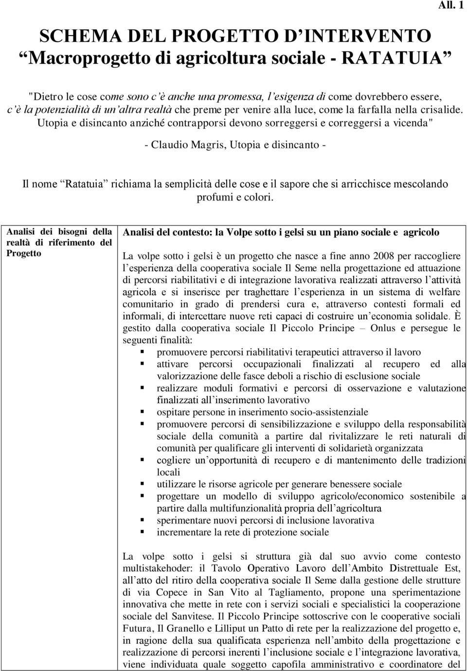 Utopia e disincanto anziché contrapporsi devono sorreggersi e correggersi a vicenda" - Claudio Magris, Utopia e disincanto - Il nome Ratatuia richiama la semplicità delle cose e il sapore che si