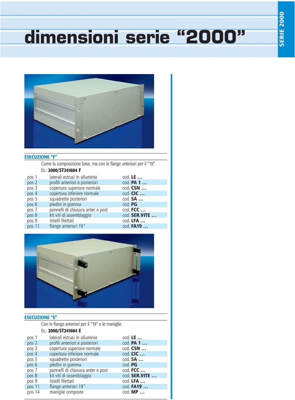 G pos 7 pannelli di chiusura anter e post cod. FCC pos 8 kit viti di assemblaggio cod. SER.VITE pos 9 listelli filettati cod. LFA pos 11 flange anteriori 19" cod.