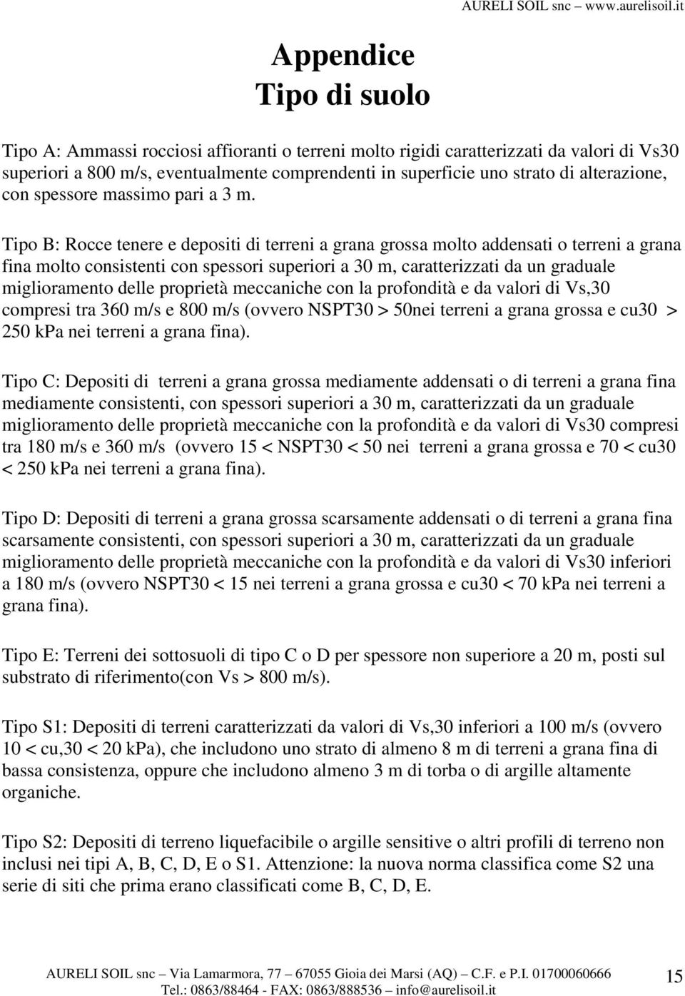 Tipo B: Rocce tenere e depositi di terreni a grana grossa molto addensati o terreni a grana fina molto consistenti con spessori superiori a 30 m, caratterizzati da un graduale miglioramento delle