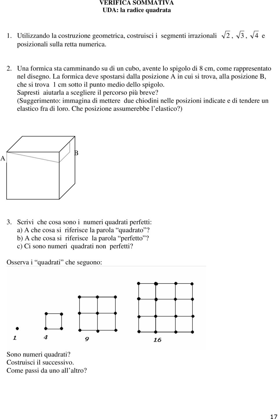 La formica deve spostarsi dalla posizione A in cui si trova, alla posizione B, che si trova 1 cm sotto il punto medio dello spigolo. Sapresti aiutarla a scegliere il percorso più breve?