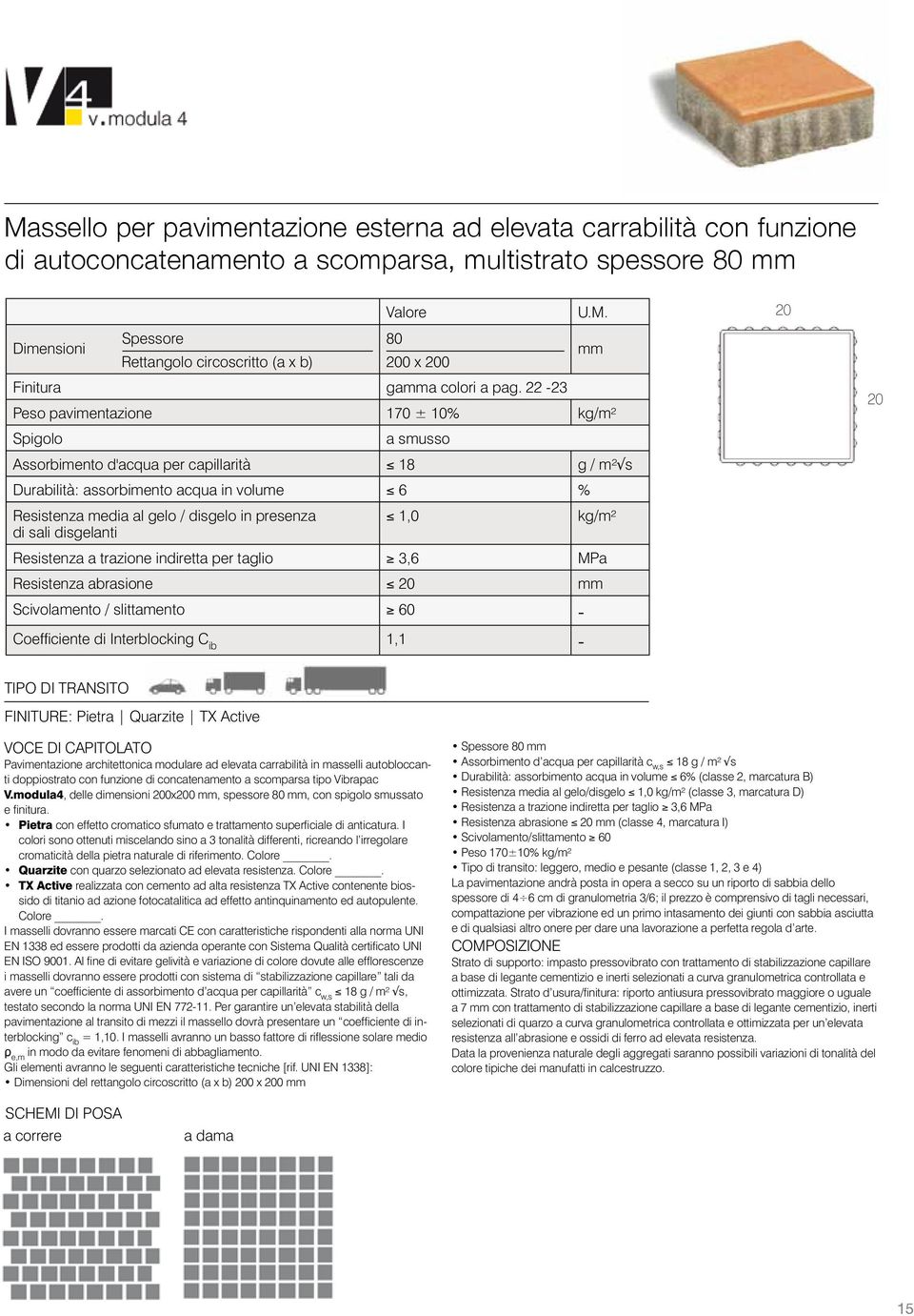 1,0 kg/m² di sali disgelanti Resistenza a trazione indiretta per taglio 3,6 MPa Resistenza abrasione 20 mm Scivolamento / slittamento 60 - Coefficiente di Interblocking C ib 1,1-20 20 Tipo di