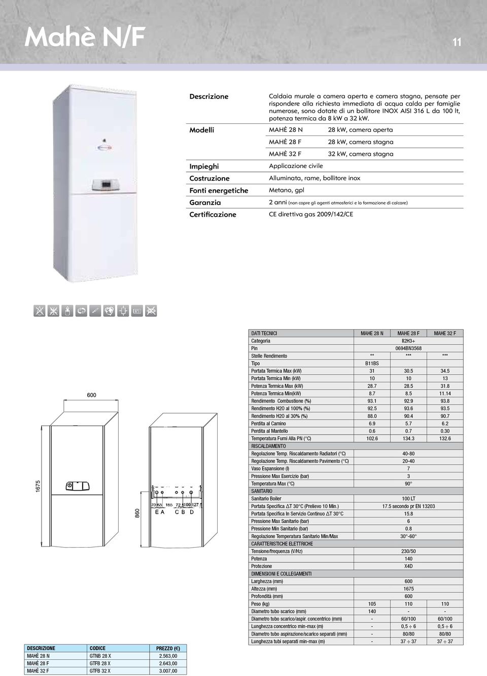 Modelli MAHÈ 28 N 28 kw, camera aperta Costruzione Fonti energetiche Certificazione MAHÈ 28 F MAHÈ 32 F Applicazione civile Alluminata, rame, bollitore inox Metano, gpl 28 kw, camera stagna 32 kw,