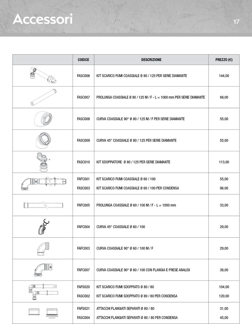 ACCESSORI SISTEMI SCARICO FUMI FAFC001 KIT SCARICO FUMI COASSIALE Ø 60 / 100 55,00 FASC003 KIT SCARICO FUMI COASSIALE Ø 60 / 100 PER CONDENSA 96,00 www.fbr.