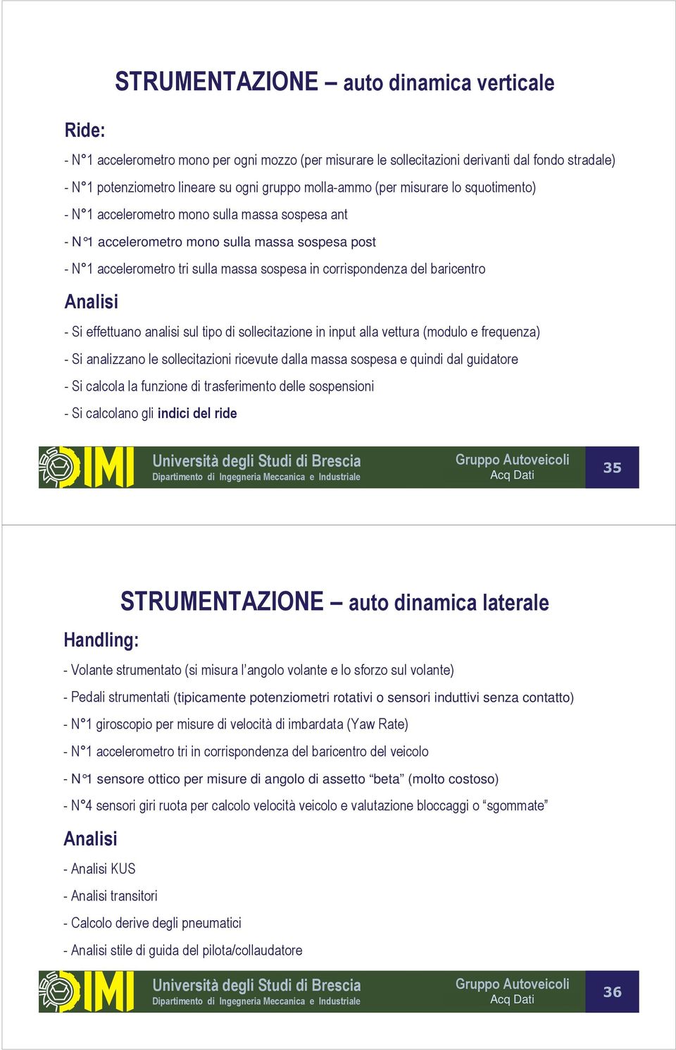 dinamica verticale - Si effettuano analisi sul tipo di sollecitazione in input alla vettura (modulo e frequenza) - Si analizzano le sollecitazioni ricevute dalla massa sospesa e quindi dal guidatore