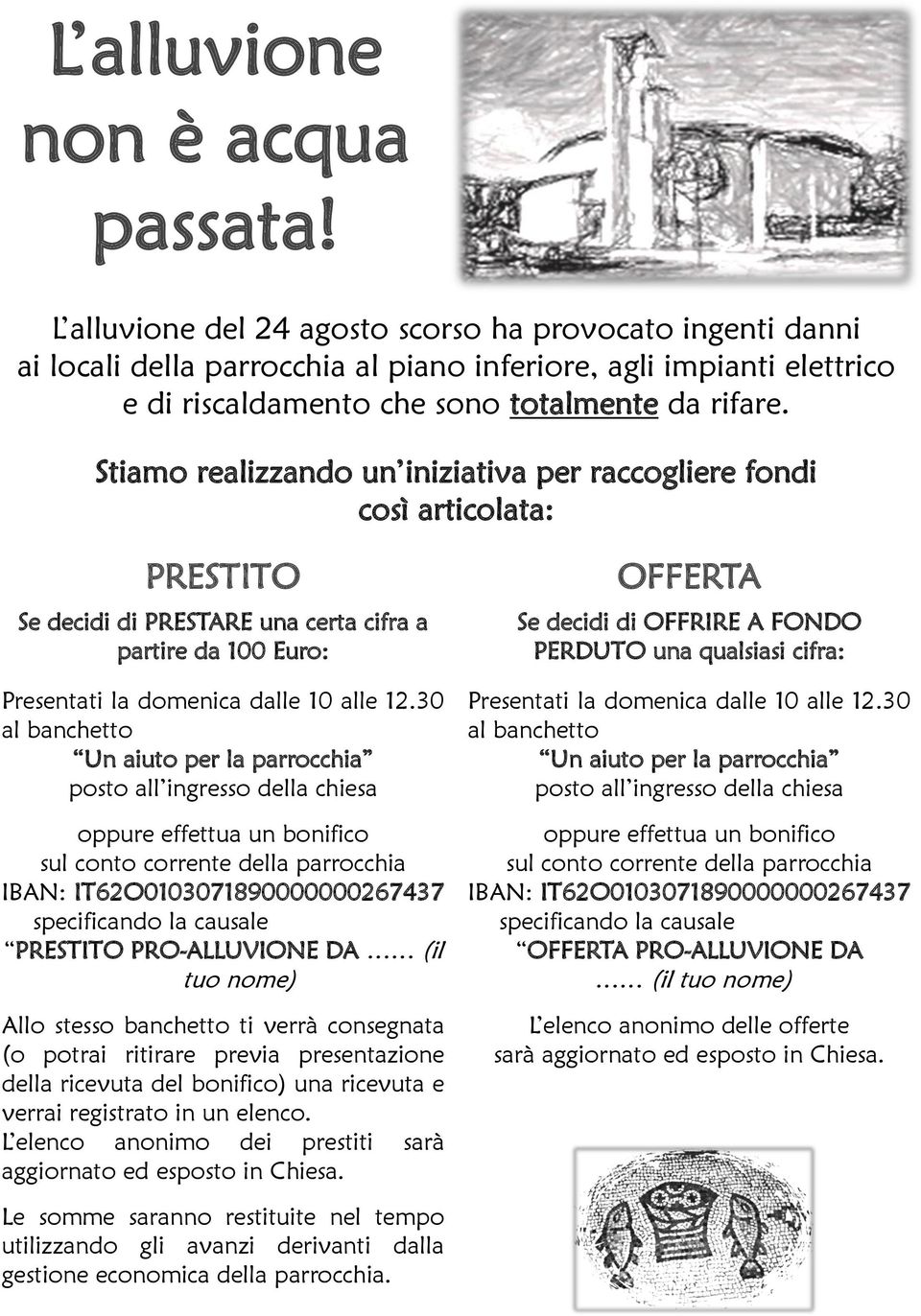 Stiamo realizzando un iniziativa per raccogliere fondi così articolata: PRESTITO Se decidi di PRESTARE una certa cifra a partire da 100 Euro: Presentati la domenica dalle 10 alle 12.