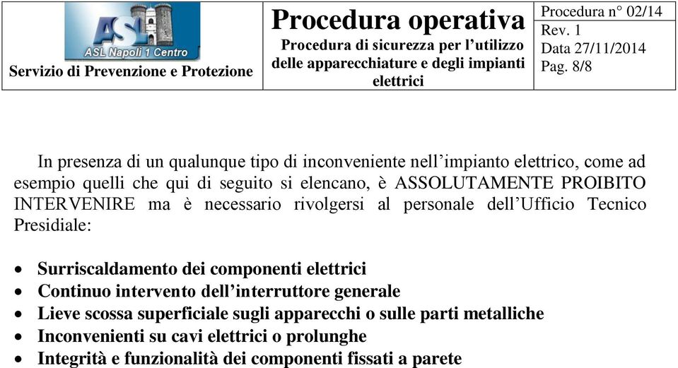 Presidiale: Surriscaldamento dei componenti Continuo intervento dell interruttore generale Lieve scossa superficiale