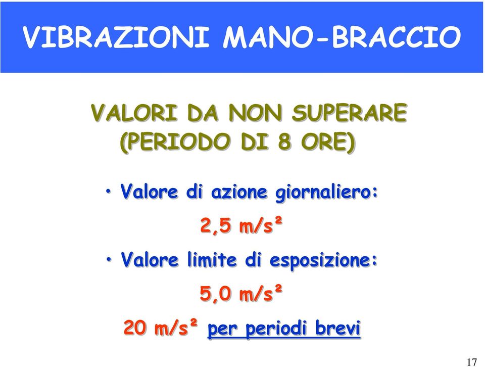 azione giornaliero: 2,5 m/s² Valore limite