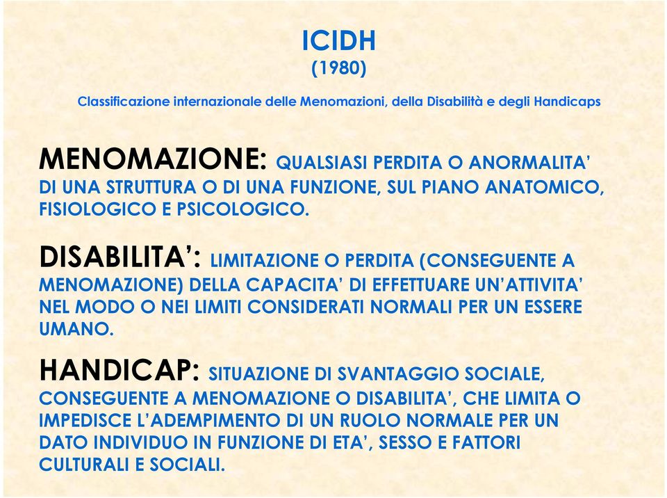 DISABILITA : LIMITAZIONE O PERDITA (CONSEGUENTE A MENOMAZIONE) DELLA CAPACITA DI EFFETTUARE UN ATTIVITA NEL MODO O NEI LIMITI CONSIDERATI NORMALI PER UN