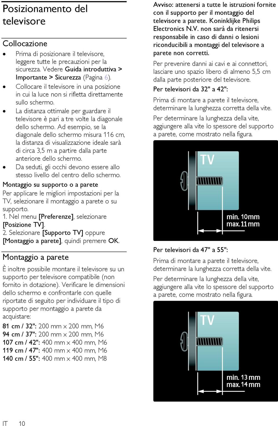 Ad esempio, se la diagonale dello schermo misura 116 cm, la distanza di visualizzazione ideale sarà di circa 3,5 m a partire dalla parte anteriore dello schermo.