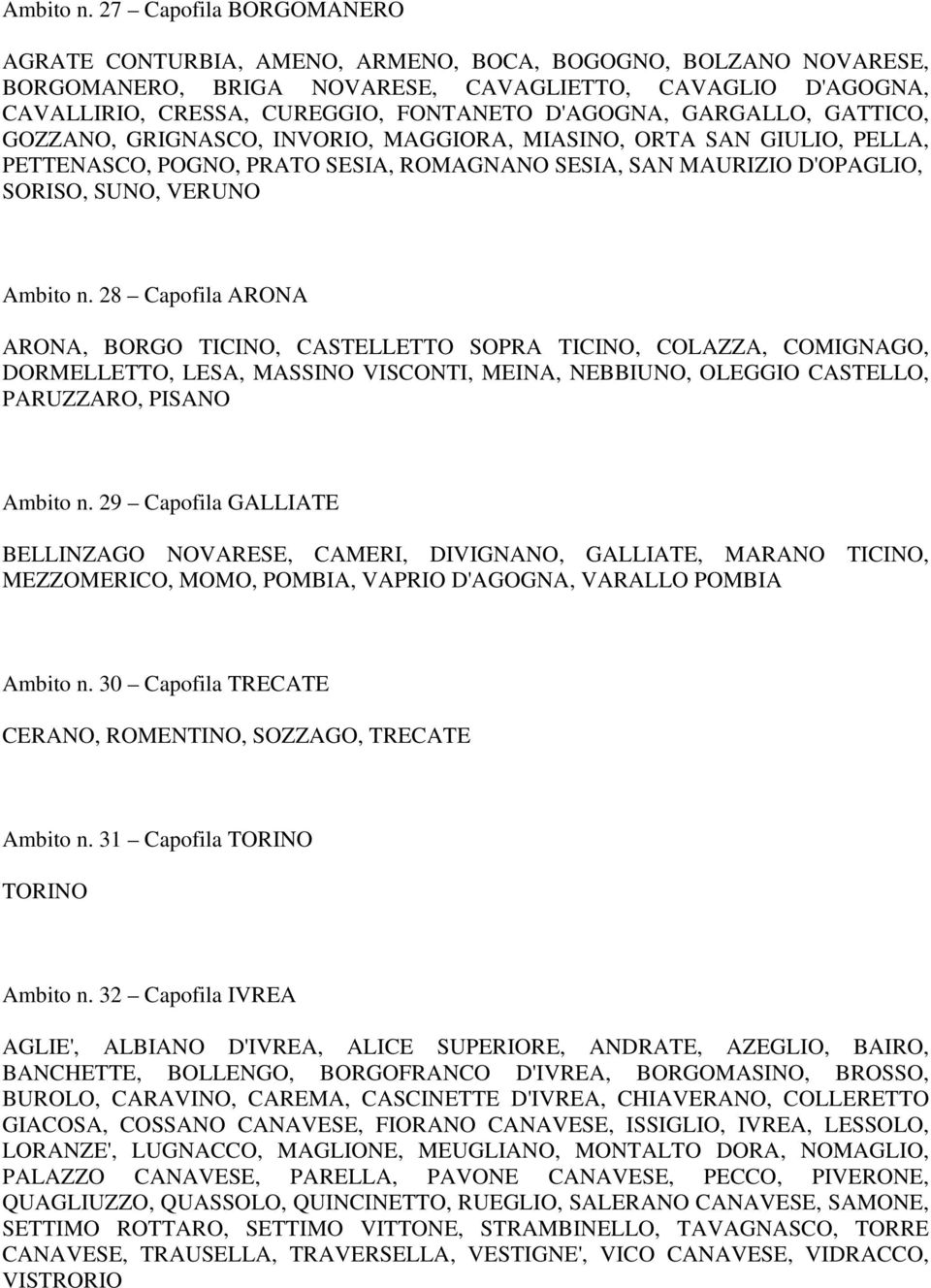 D'AGOGNA, GARGALLO, GATTICO, GOZZANO, GRIGNASCO, INVORIO, MAGGIORA, MIASINO, ORTA SAN GIULIO, PELLA, PETTENASCO, POGNO, PRATO SESIA, ROMAGNANO SESIA, SAN MAURIZIO D'OPAGLIO, SORISO, SUNO, VERUNO  28