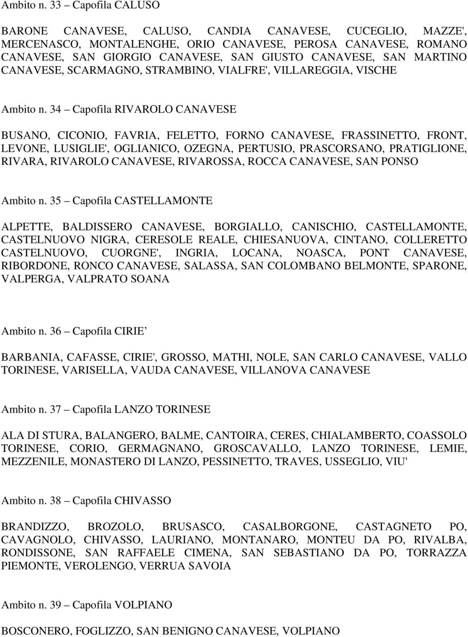 MARTINO CANAVESE, SCARMAGNO, STRAMBINO, VIALFRE', VILLAREGGIA, VISCHE  34 Capofila RIVAROLO CANAVESE BUSANO, CICONIO, FAVRIA, FELETTO, FORNO CANAVESE, FRASSINETTO, FRONT, LEVONE, LUSIGLIE',