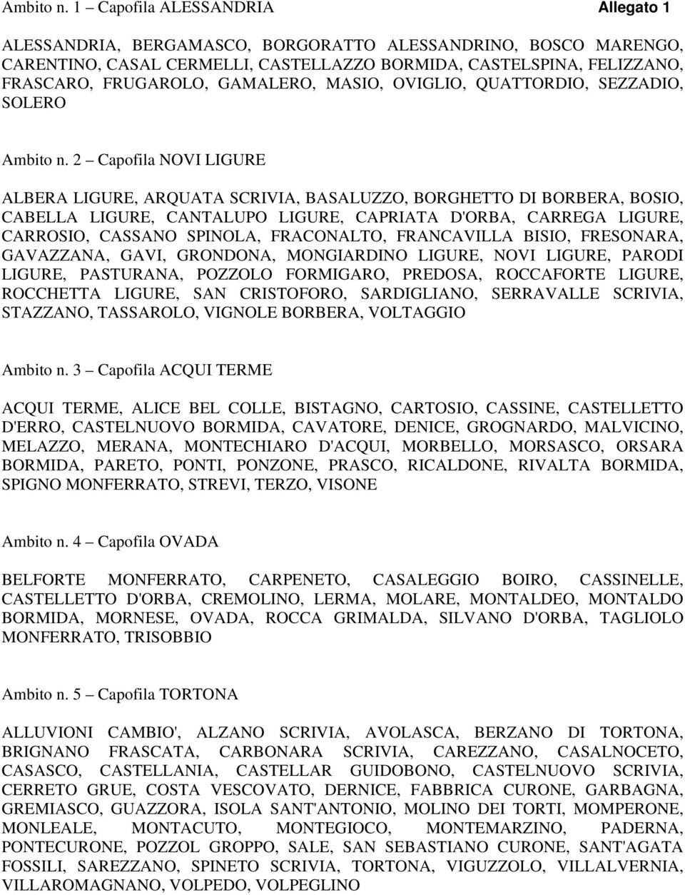 GAMALERO, MASIO, OVIGLIO, QUATTORDIO, SEZZADIO, SOLERO  2 Capofila NOVI LIGURE ALBERA LIGURE, ARQUATA SCRIVIA, BASALUZZO, BORGHETTO DI BORBERA, BOSIO, CABELLA LIGURE, CANTALUPO LIGURE, CAPRIATA