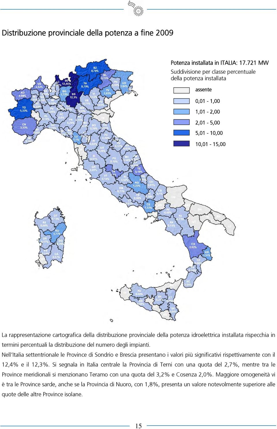 potenza idroelettrica installata rispecchia in termini percentuali la distribuzione del numero degli impianti.