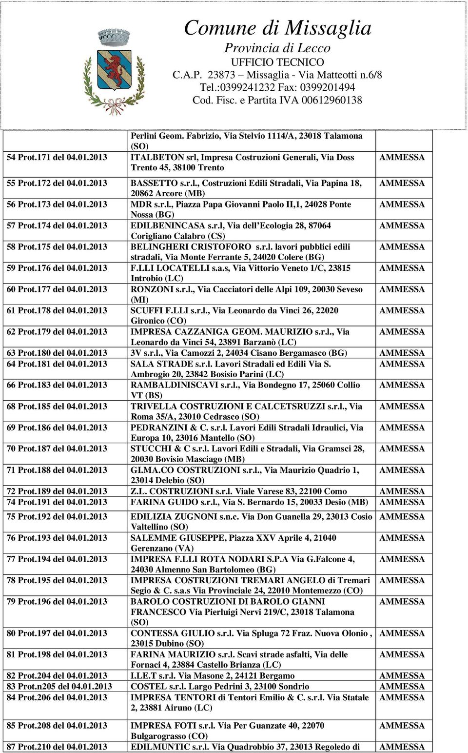 175 04.01.2013 BELINGHERI CRISTOFORO s.r.l. lavori pubblici edili stradali, Via Monte Ferrante 5, 24020 Colere (BG) 59 Prot.176 04.01.2013 F.LLI LOCATELLI s.a.s, Via Vittorio Veneto 1/C, 23815 Introbio (LC) 60 Prot.