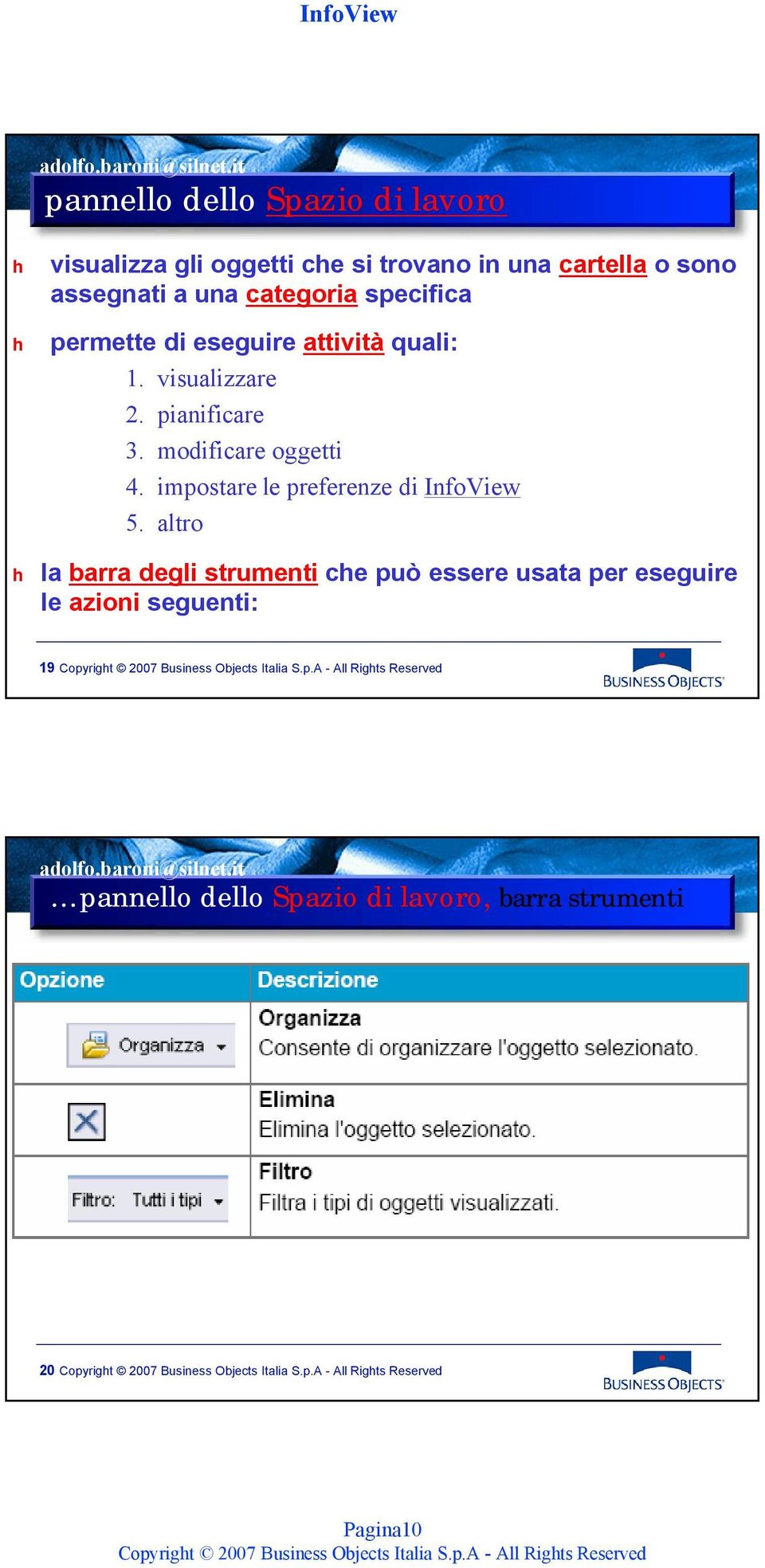 pianificare 3. modificare oggetti 4. impostare le preferenze di InfoView 5.