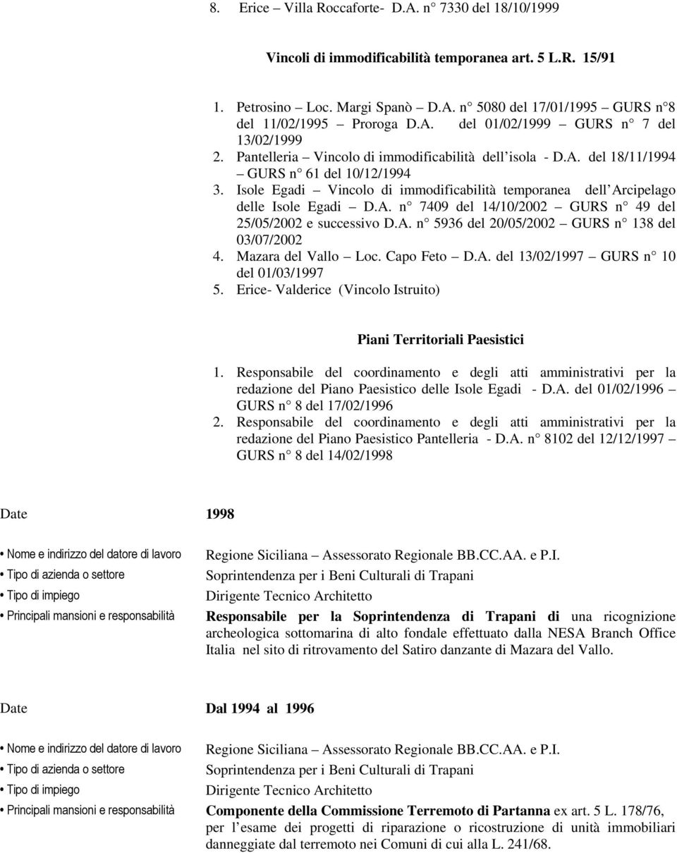 Isole Egadi Vincolo di immodificabilità temporanea dell Arcipelago delle Isole Egadi D.A. n 7409 del 14/10/2002 GURS n 49 del 25/05/2002 e successivo D.A. n 5936 del 20/05/2002 GURS n 138 del 03/07/2002 4.