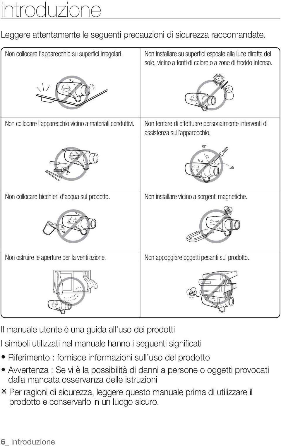 Non tentare di effettuare personalmente interventi di assistenza sull apparecchio. Non collocare bicchieri d'acqua sul prodotto. Non installare vicino a sorgenti magnetiche.