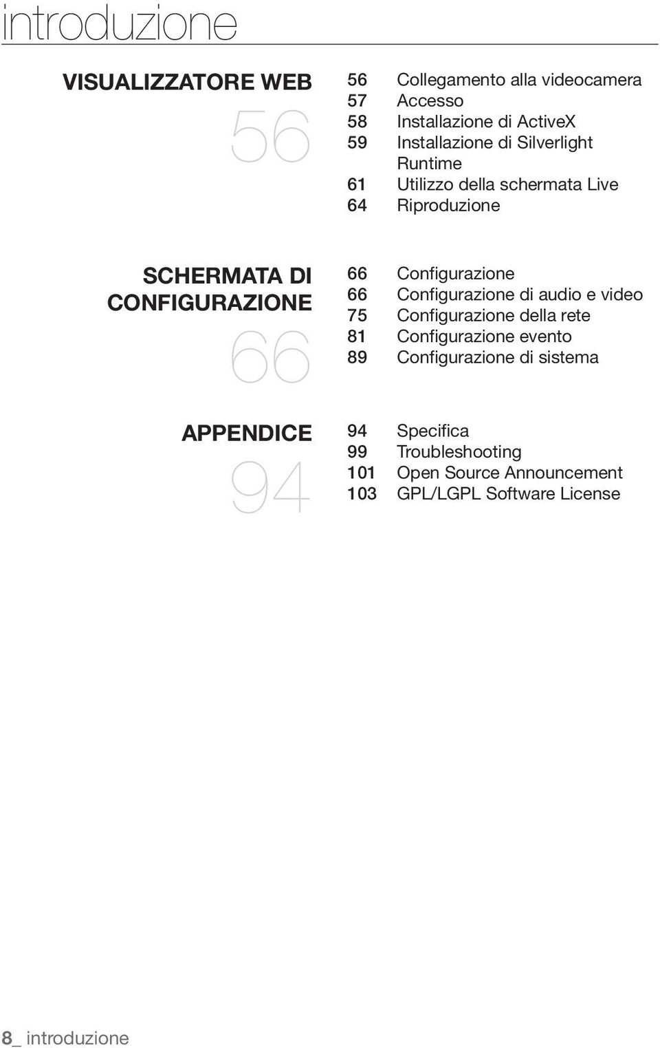 APPENDICE 94 66 Configurazione 66 Configurazione di audio e video 75 Configurazione della rete 81 Configurazione evento